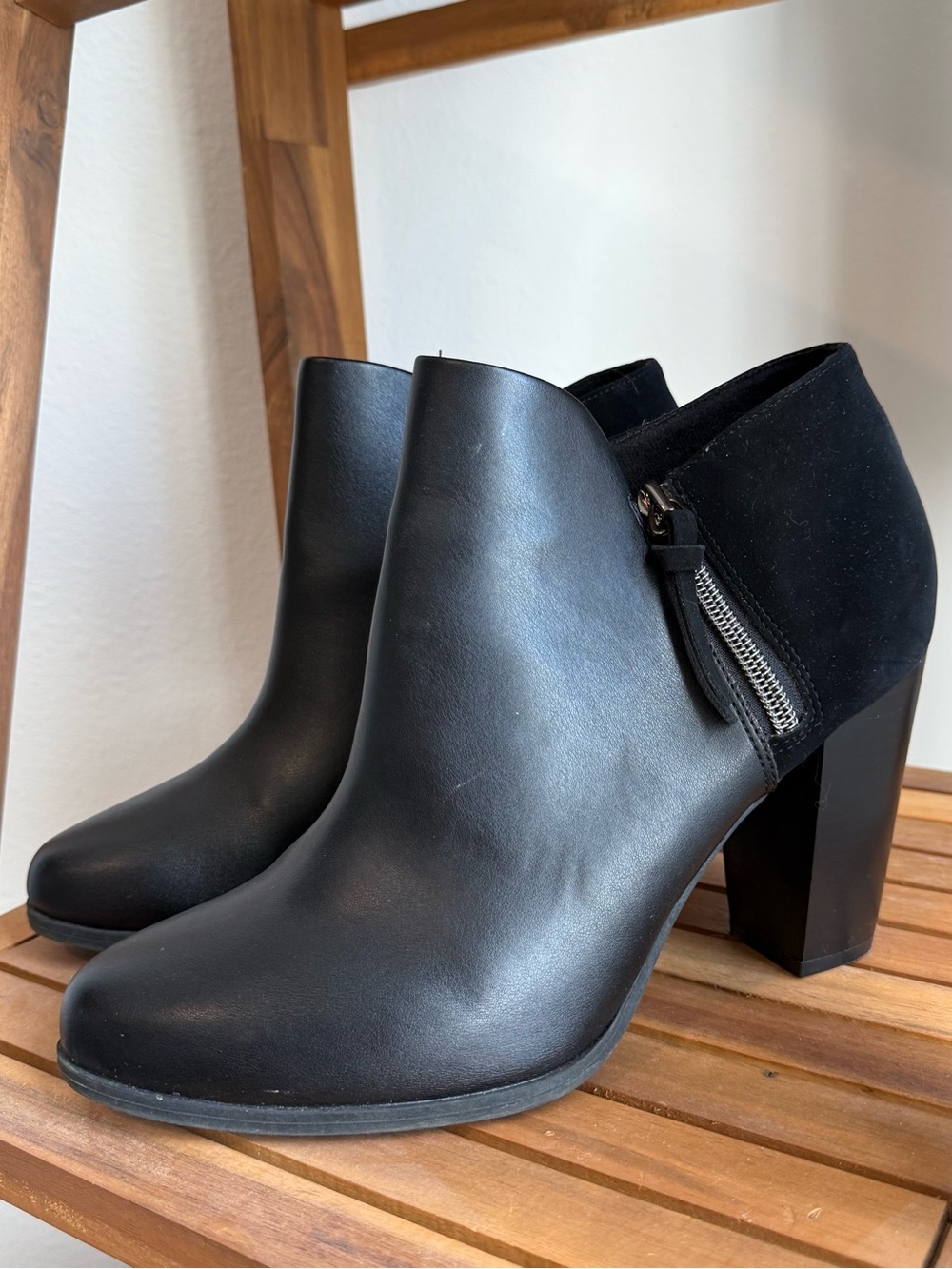 Black Leather & Suede Block Heel Ankle Booties with Side Zip